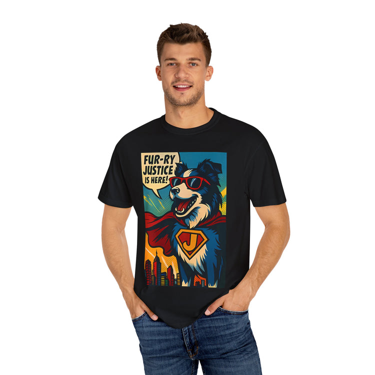 Border Collie Superhero Comic T-Shirt – Pop Art Dog Design, “Fur-ry Justice is Here!” Tee for Dog Lovers