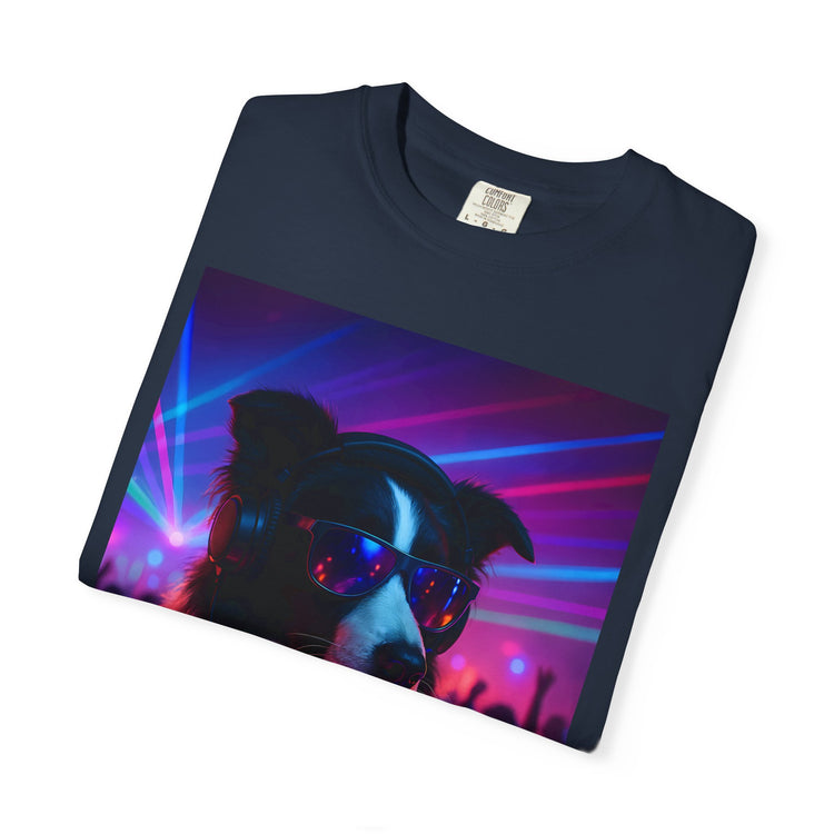 order Collie DJ T-Shirt – Retro 80s Vinyl Dog Tee, Neon Synthwave Pop Art Style for Music & Pet Lovers