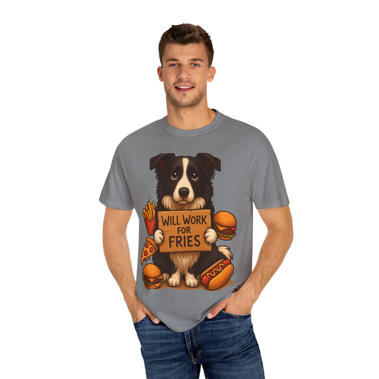 Border Collie Funny Fast Food T-Shirt – “Will Work for Fries” Meme Tee for Dog Lovers & Foodies
