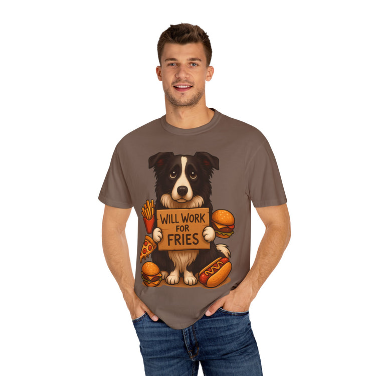 Border Collie Funny Fast Food T-Shirt – “Will Work for Fries” Meme Tee for Dog Lovers & Foodies