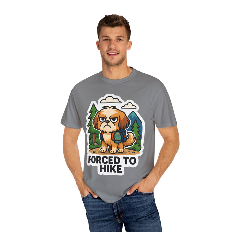 🥾 Forced to Hike Shih Tzu T-Shirt – Funny Dog Hiking Meme Tee for Pet Lovers & Outdoor Fans 🐾
