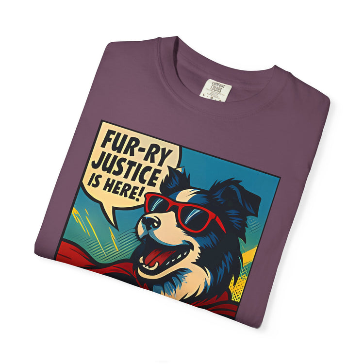 Border Collie Superhero Comic T-Shirt – Pop Art Dog Design, “Fur-ry Justice is Here!” Tee for Dog Lovers