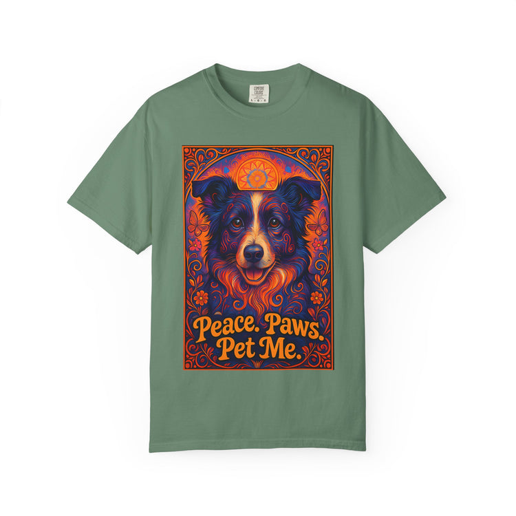 Border Collie Psychedelic Festival T-Shirt – Trippy Floral Dog Tee with “Peace. Paws. Pet Me.” Quote