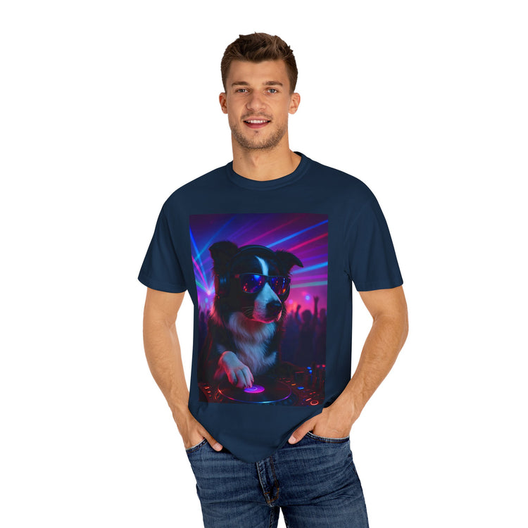 order Collie DJ T-Shirt – Retro 80s Vinyl Dog Tee, Neon Synthwave Pop Art Style for Music & Pet Lovers