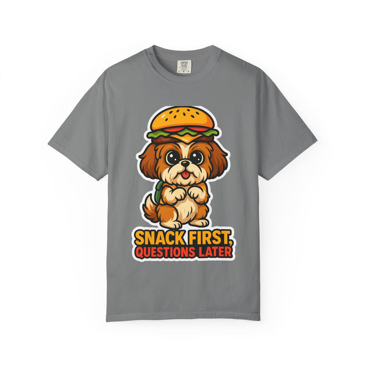 🍔 Snack First, Questions Later Shih Tzu T-Shirt – Funny Foodie Dog Meme Tee for Pet Lovers & Dog Moms 🐾