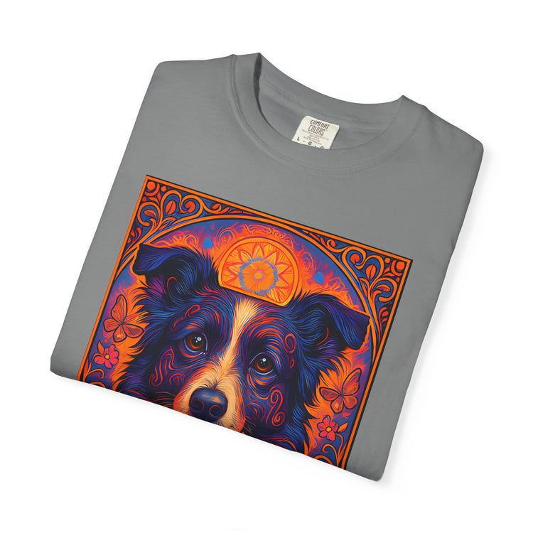 Border Collie Psychedelic Festival T-Shirt – Trippy Floral Dog Tee with “Peace. Paws. Pet Me.” Quote