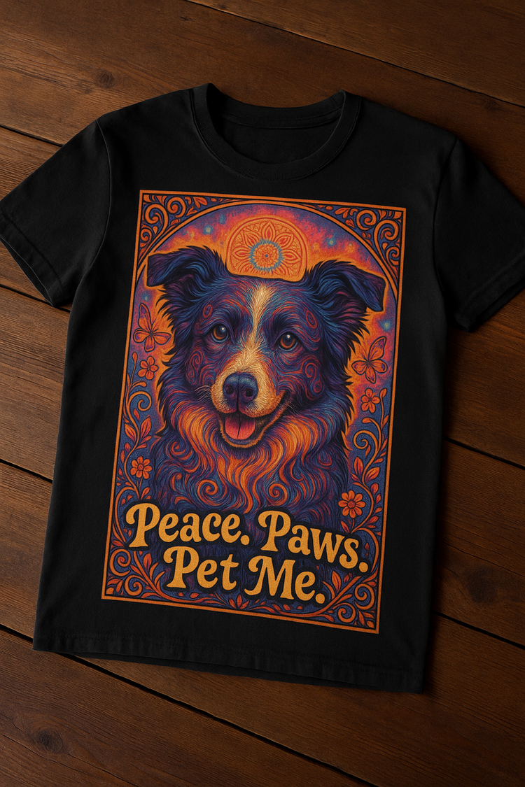 Border Collie Psychedelic Festival T-Shirt – Trippy Floral Dog Tee with “Peace. Paws. Pet Me.” Quote