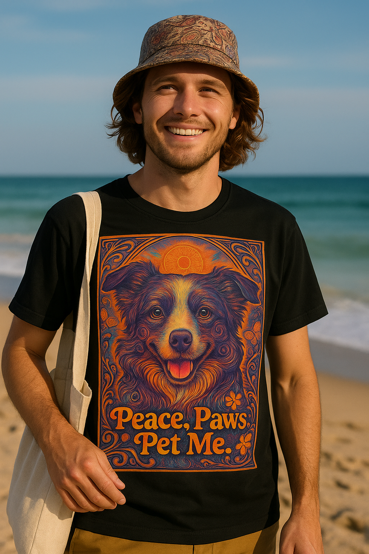 Border Collie Psychedelic Festival T-Shirt – Trippy Floral Dog Tee with “Peace. Paws. Pet Me.” Quote
