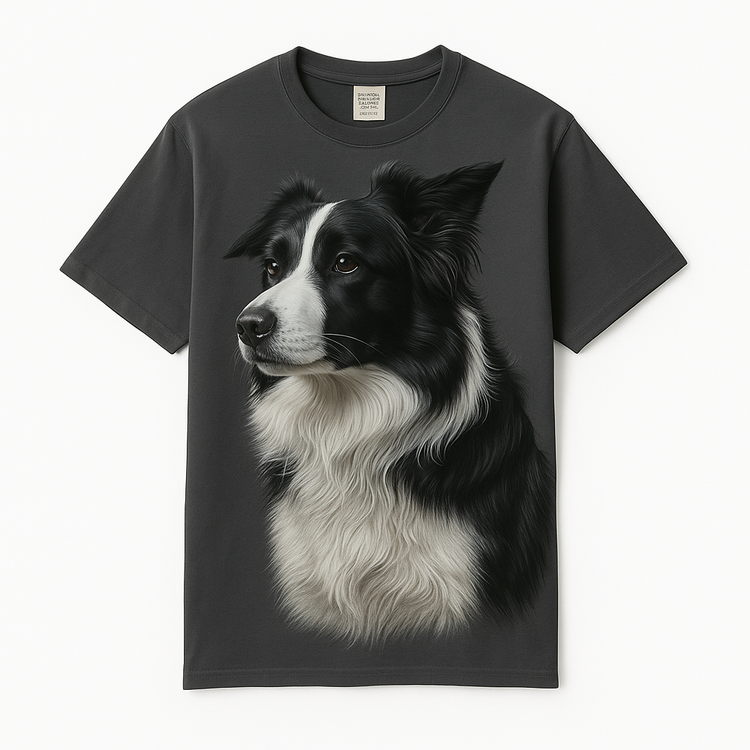 Realistic Border Collie Art T-Shirt – Elegant Black & White Dog Portrait Tee for Pet Lovers